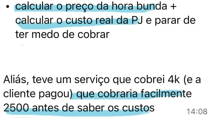 Print de depoimento: aluna descobrindo quanto deveria cobrar